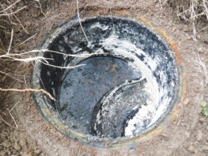 埋まっていたマンホールの管口から油の塊がちょっと見えます