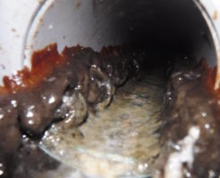 排水管の水垢溜まりによるトイレつまりトラブル解消作業前
